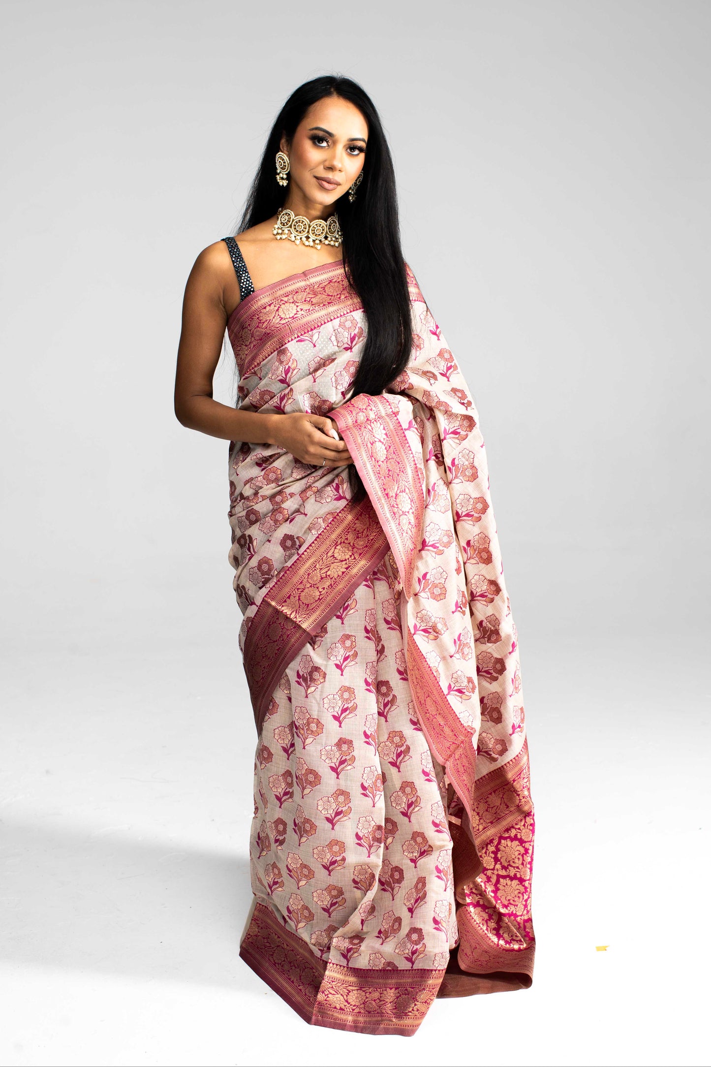 Cotton Saree with Silk Border & Floral Weave – Available in 5 Colours