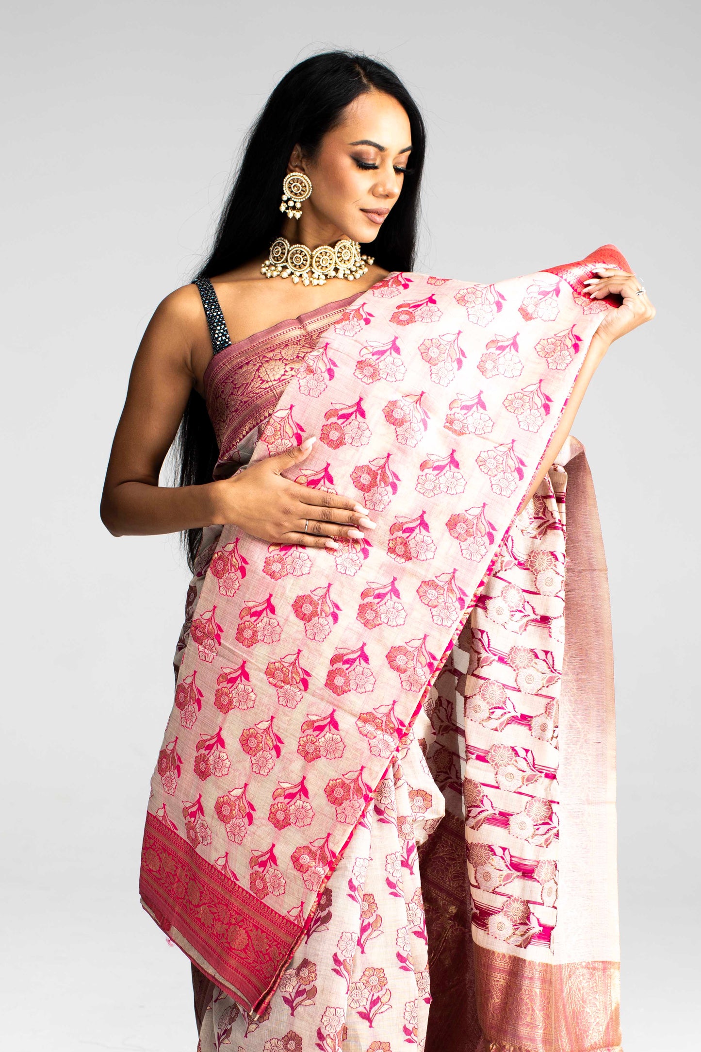 Cotton Saree with Silk Border & Floral Weave – Available in 5 Colours