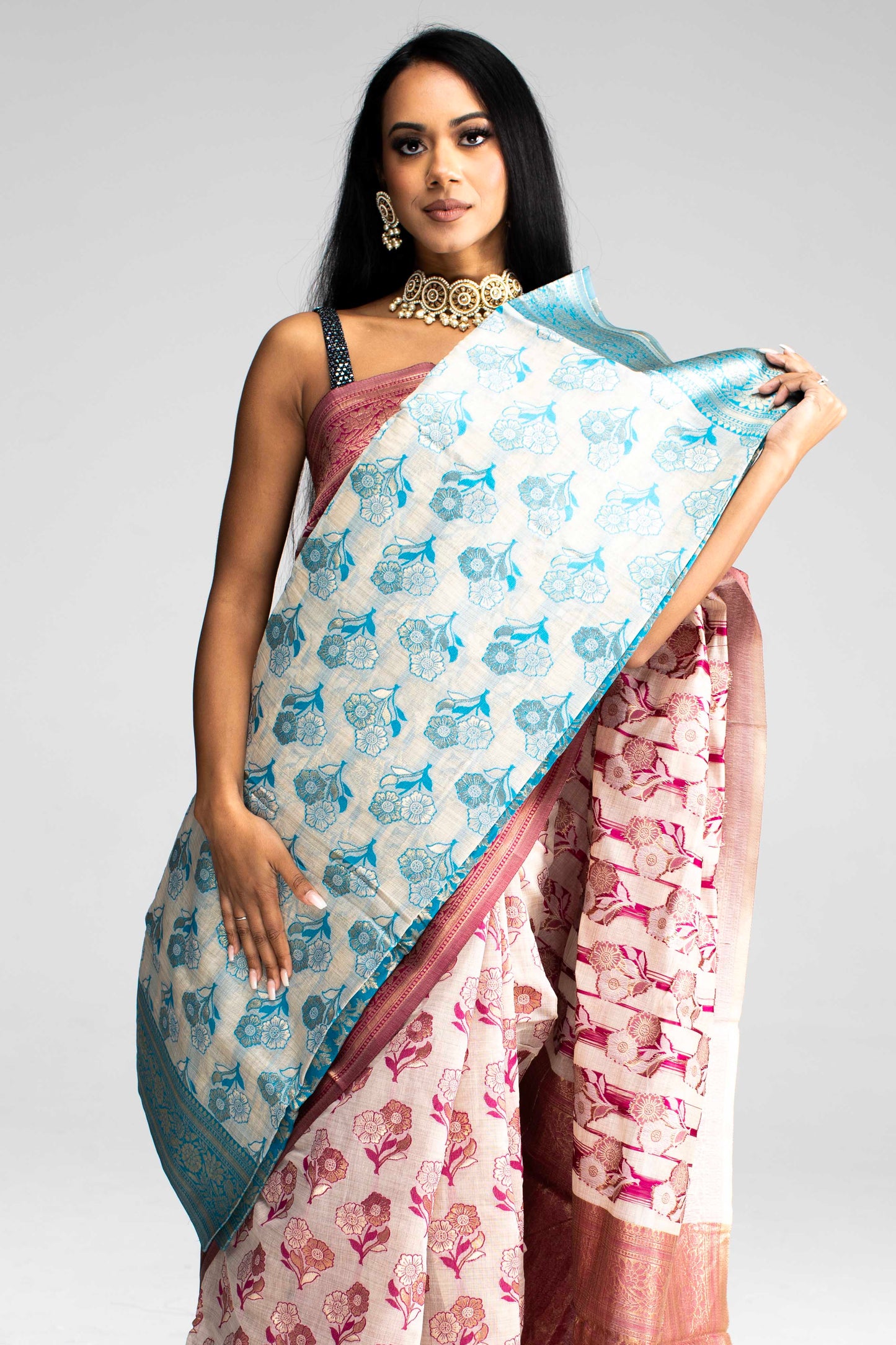 Cotton Saree with Silk Border & Floral Weave – Available in 5 Colours