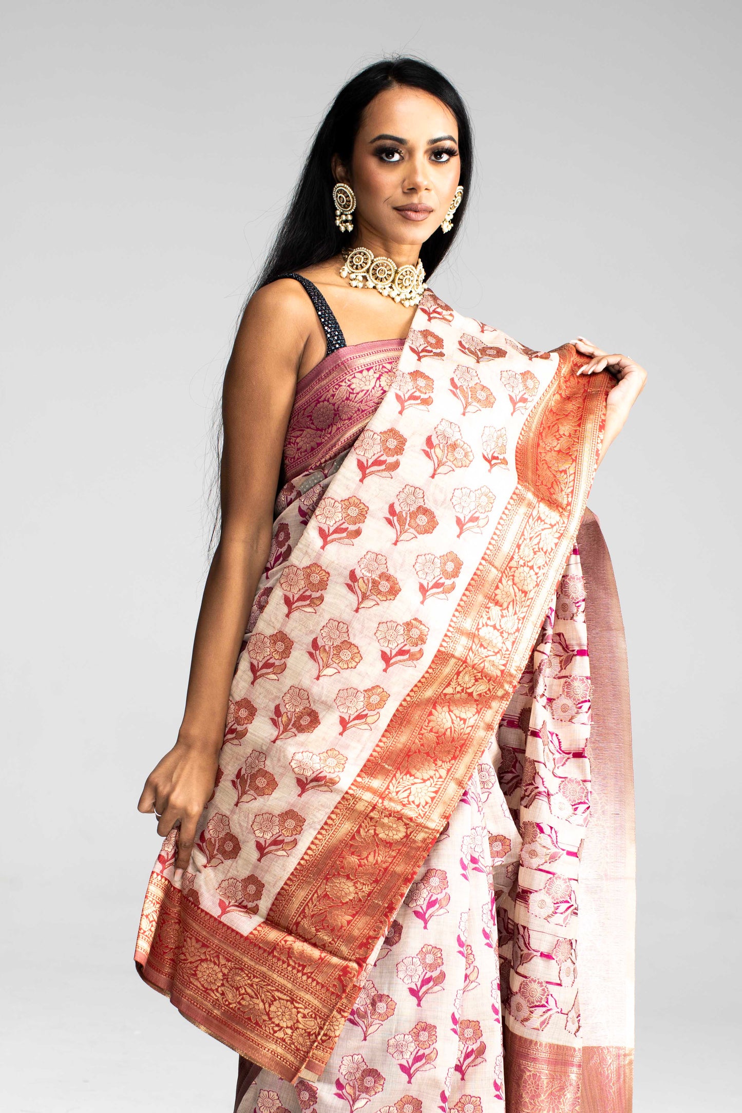 Cotton Saree with Silk Border & Floral Weave – Available in 5 Colours