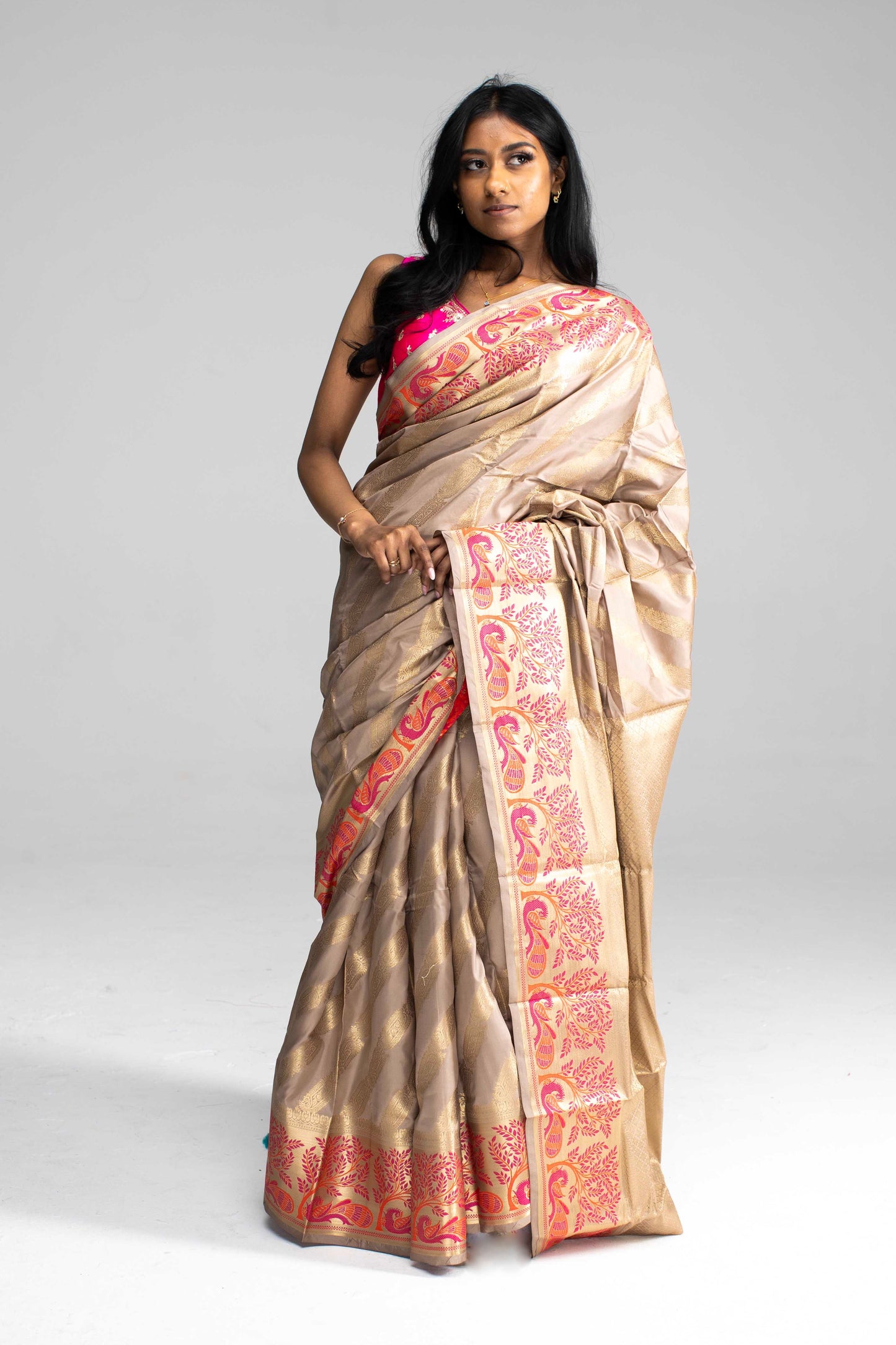 Contrast Pink Zari Border & Paisley Motifs – Available in 4 Colours