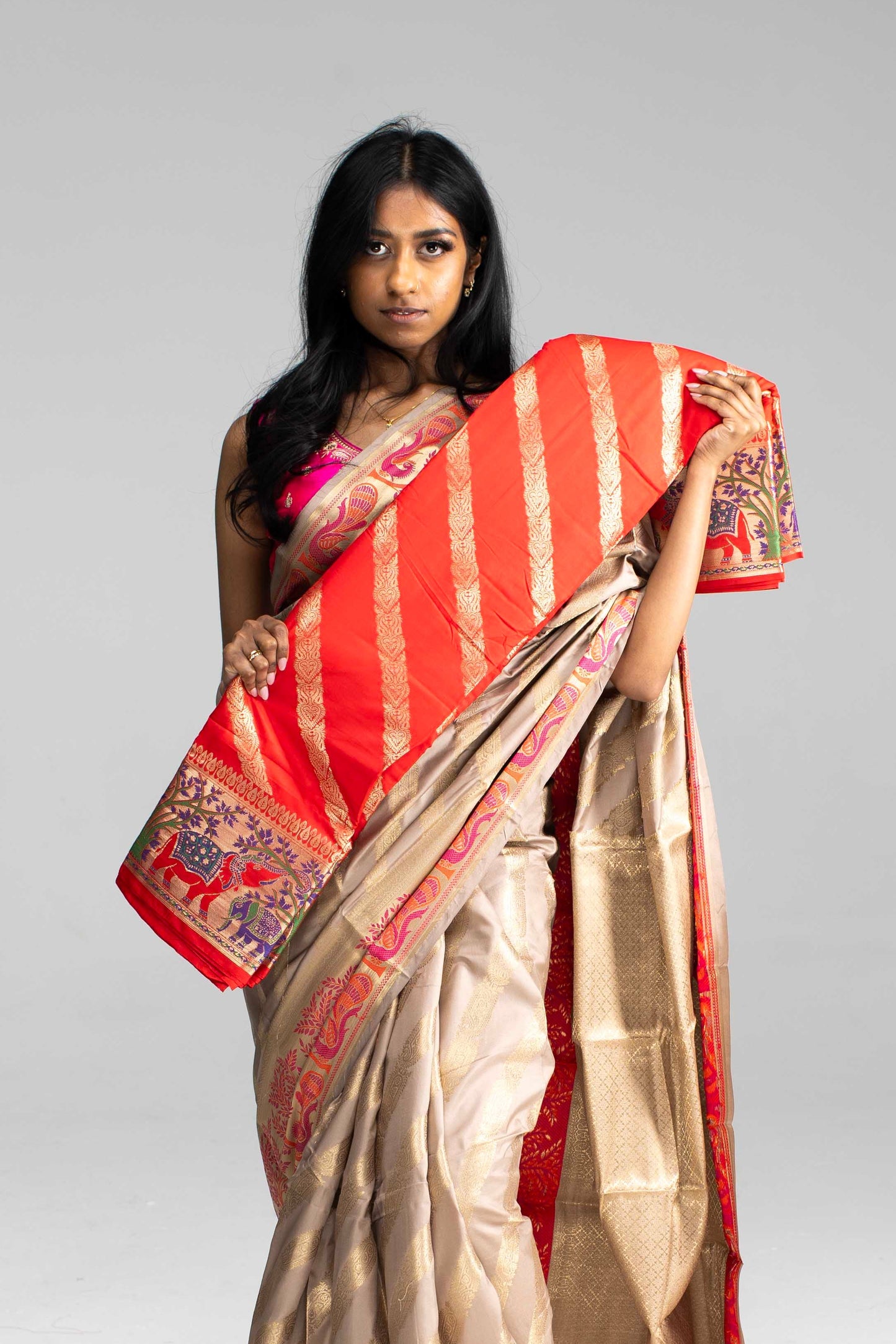 Contrast Pink Zari Border & Paisley Motifs – Available in 4 Colours
