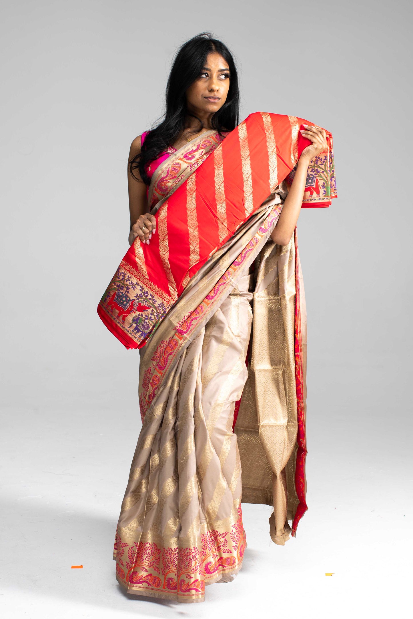 Contrast Pink Zari Border & Paisley Motifs – Available in 4 Colours