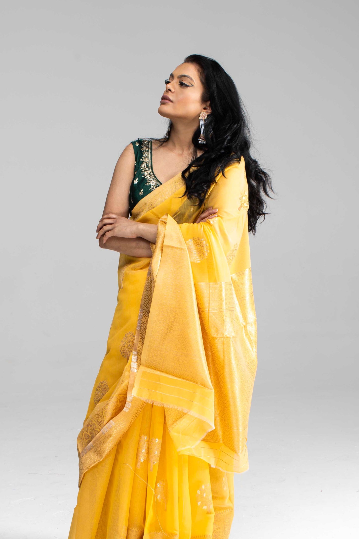 Elegant Yellow Cotton Saree with Golden Work