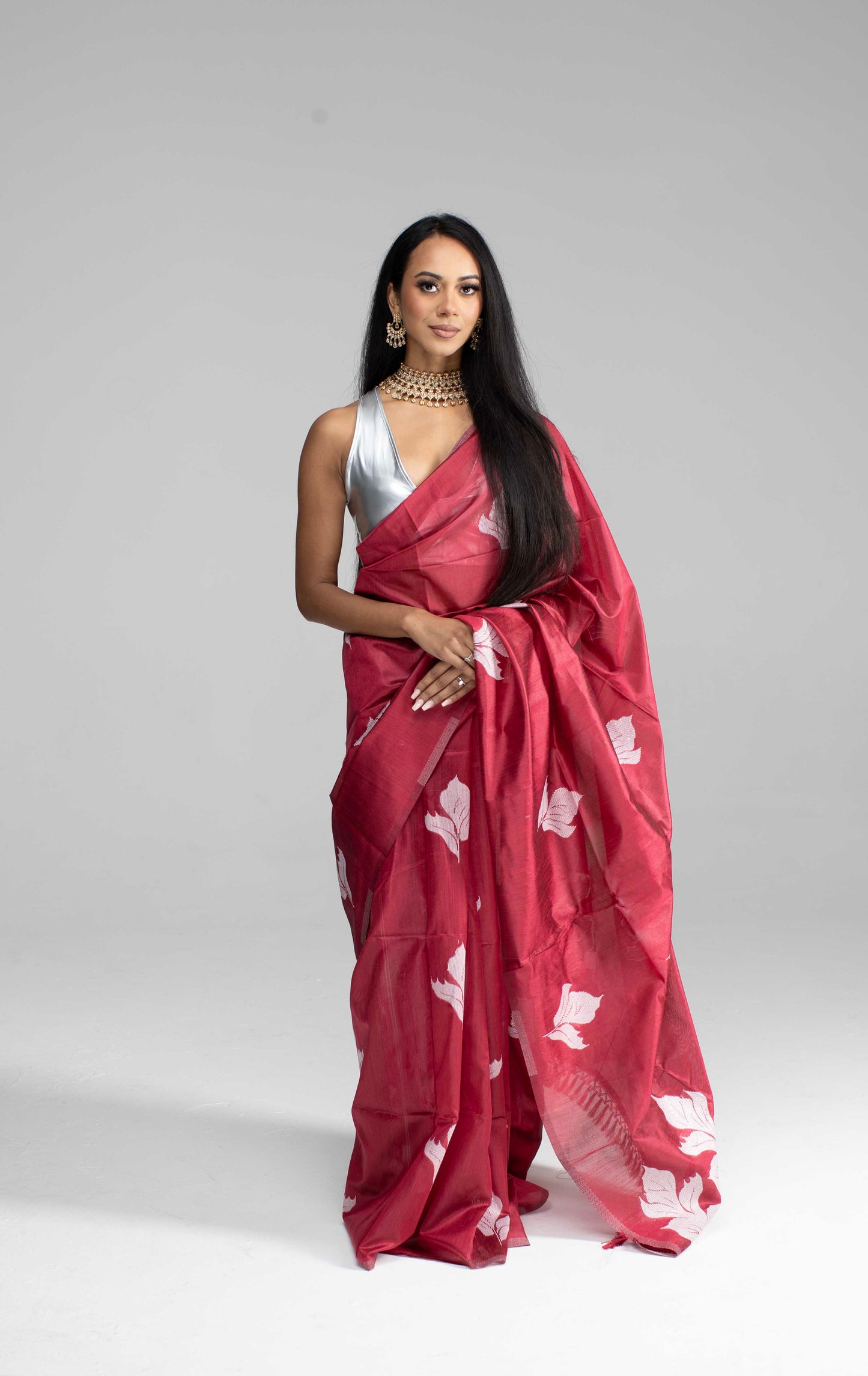 Maroon Cotton Saree with White Leaf Motif