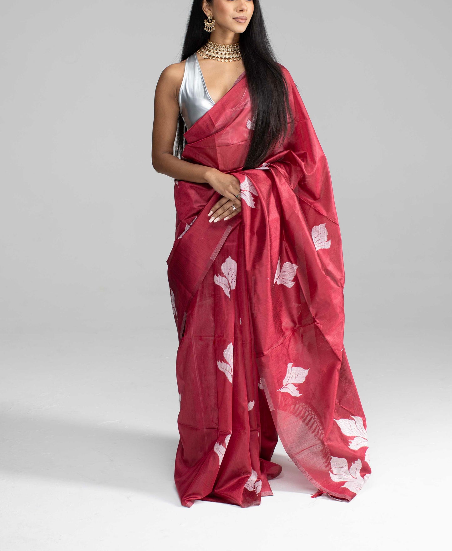 Maroon Cotton Saree with White Leaf Motif