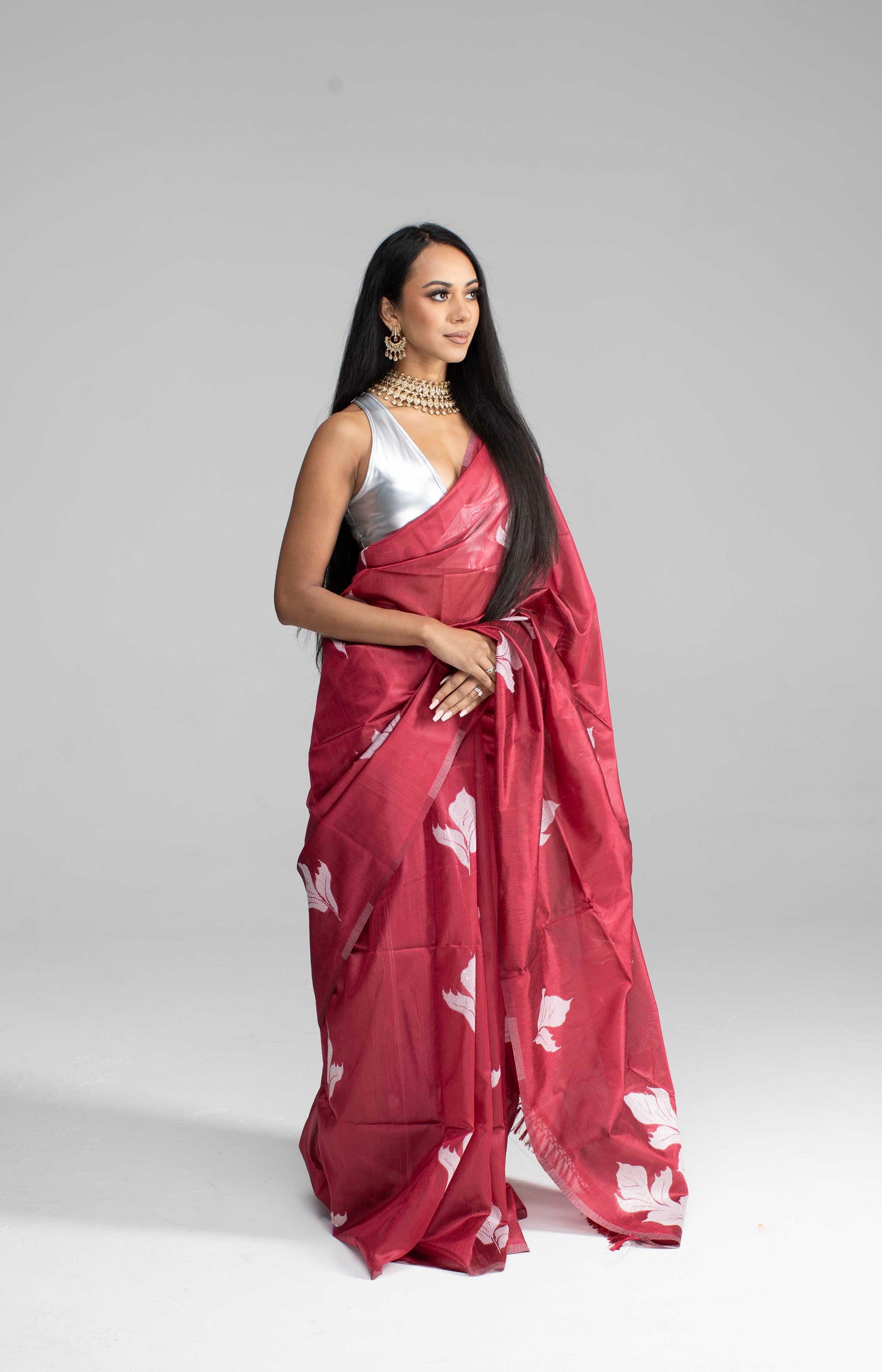 Maroon Cotton Saree with White Leaf Motif