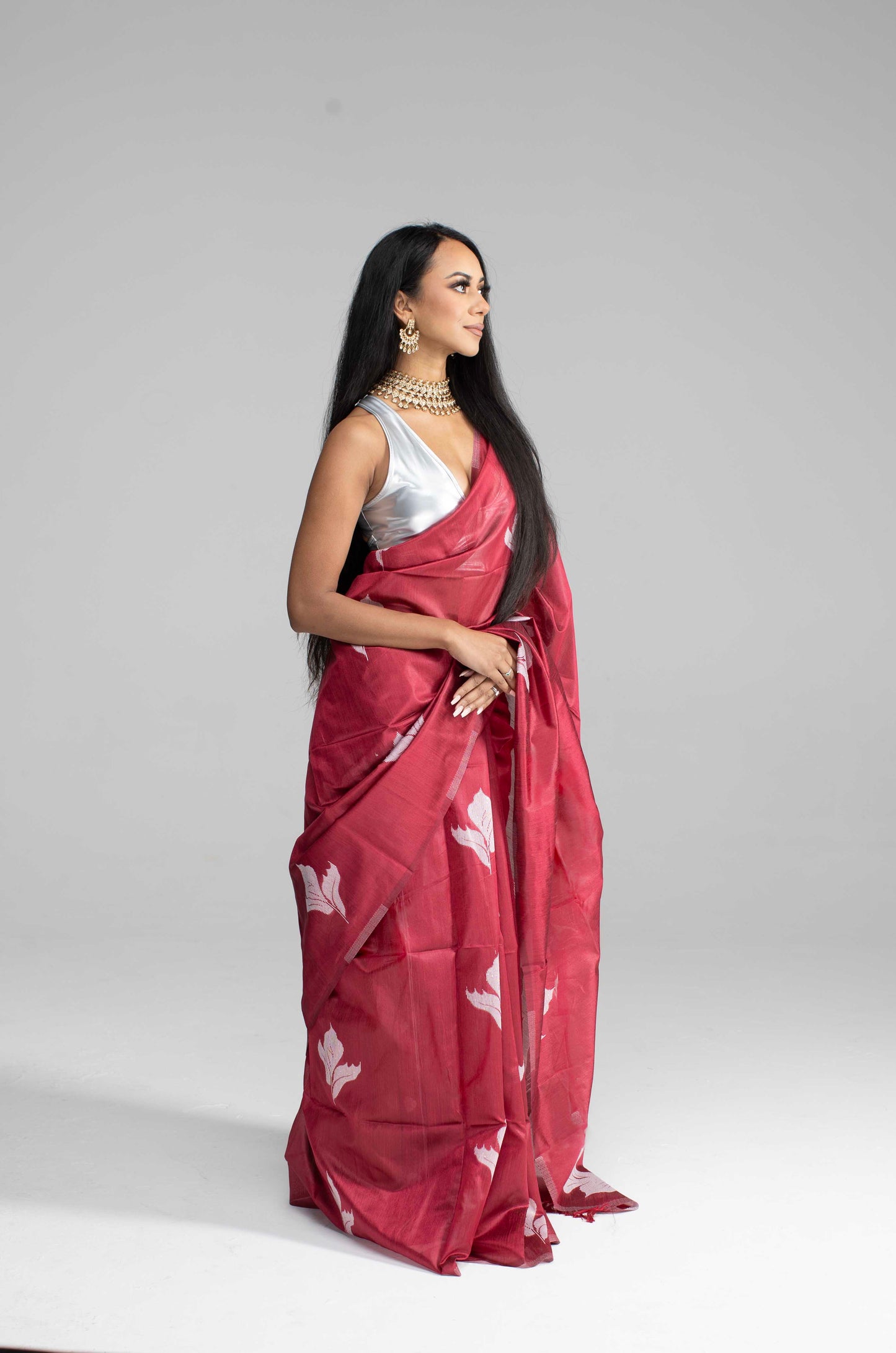 Maroon Cotton Saree with White Leaf Motif