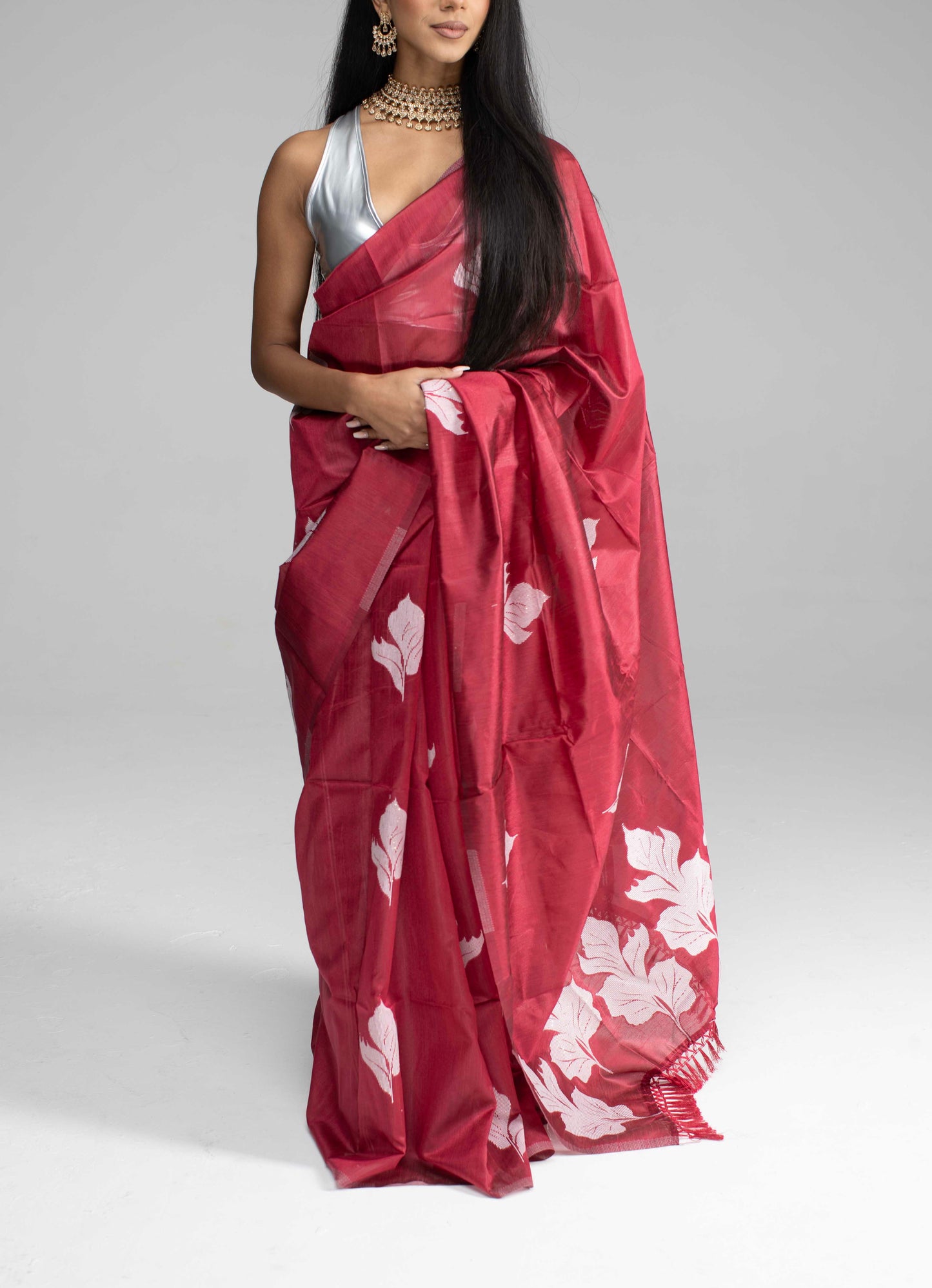 Maroon Cotton Saree with White Leaf Motif