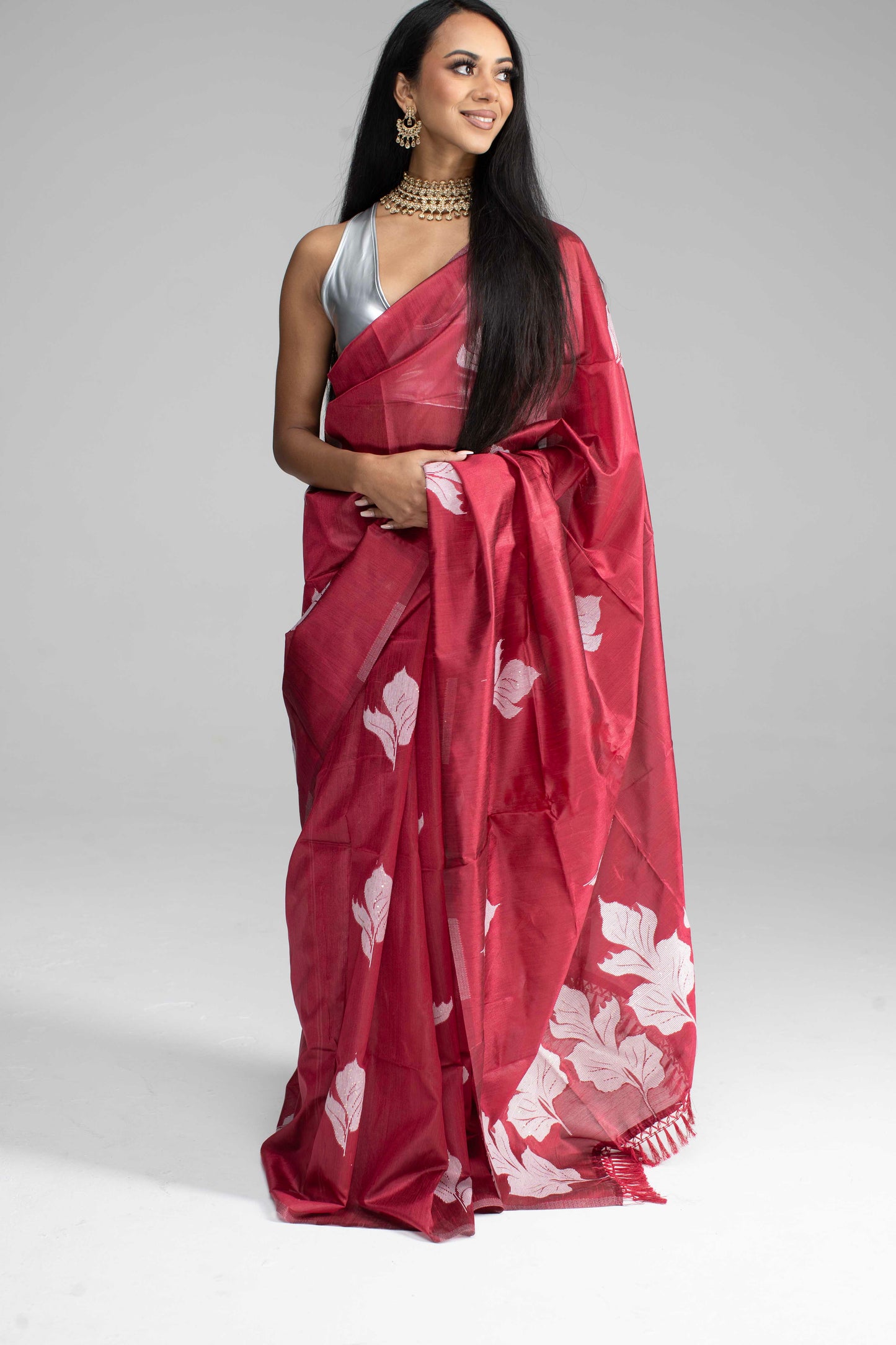 Maroon Cotton Saree with White Leaf Motif