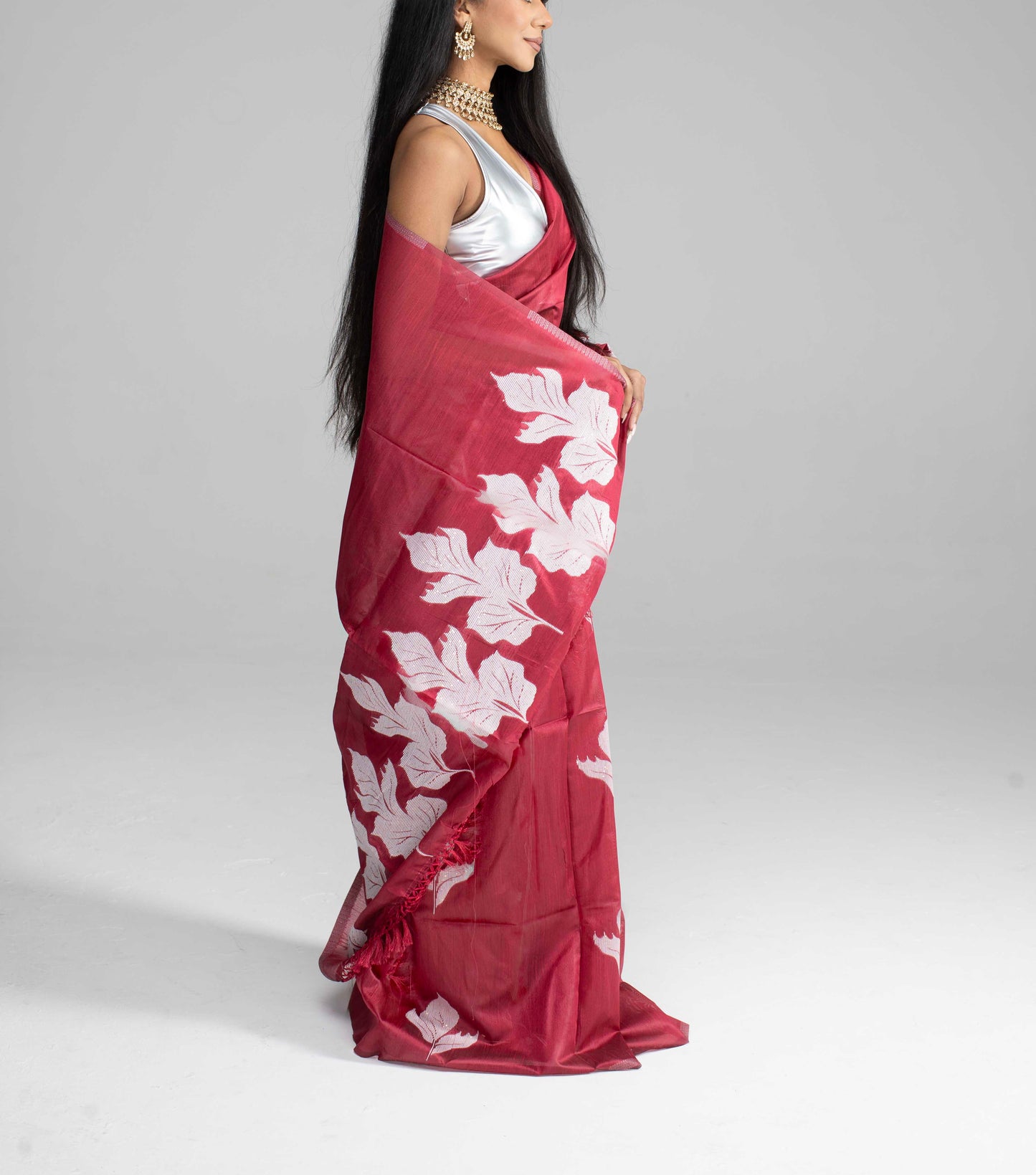 Maroon Cotton Saree with White Leaf Motif