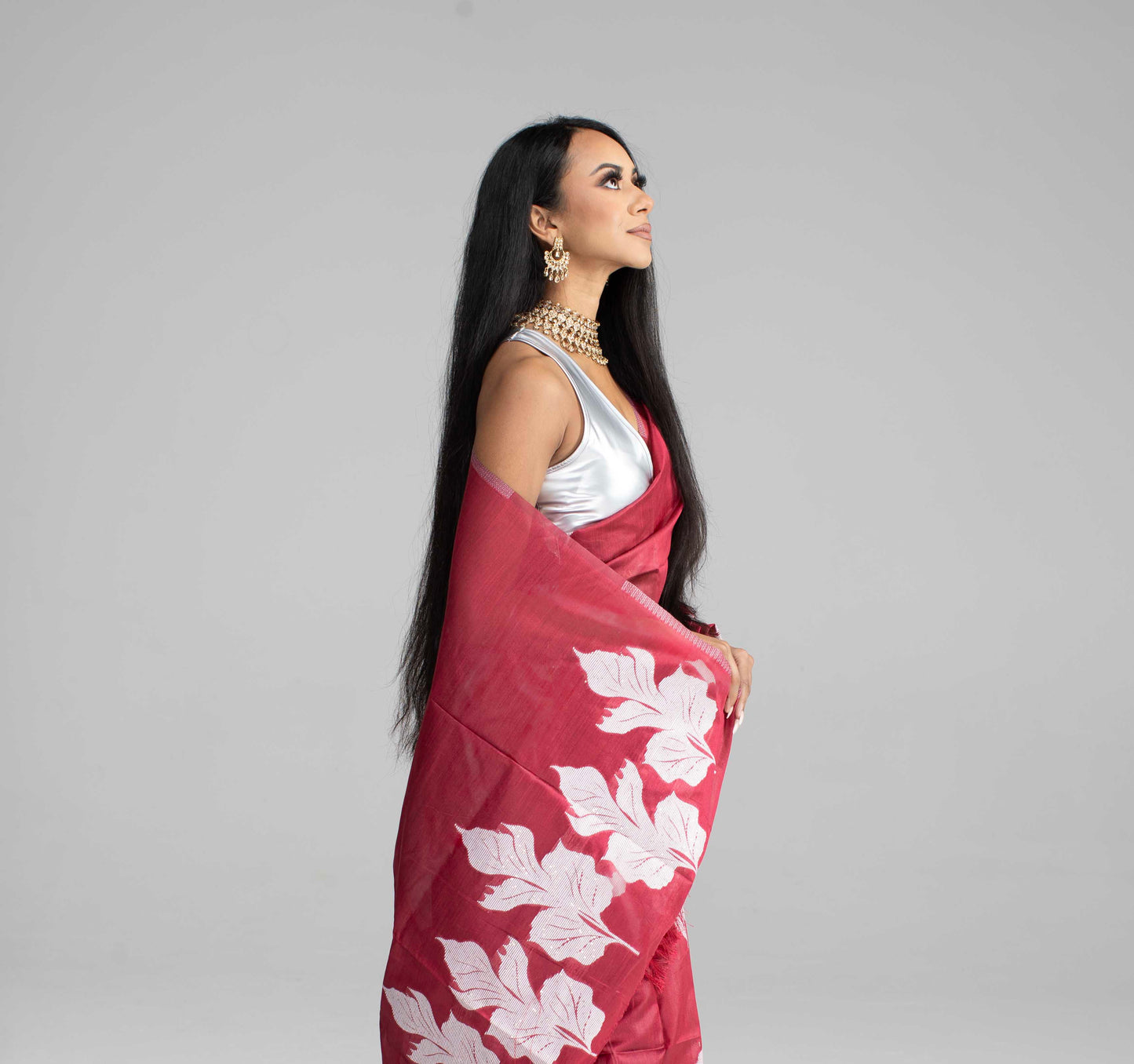 Maroon Cotton Saree with White Leaf Motif