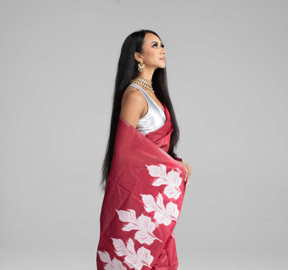 Maroon Cotton Saree with White Leaf Motif