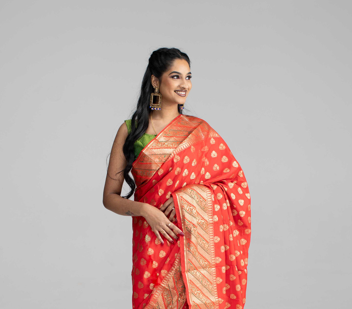 Red silk saree with striped border
