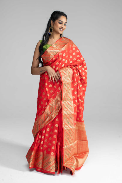 Red silk saree with striped border