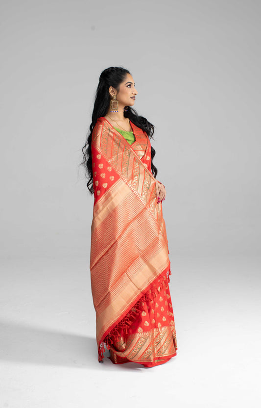Red silk saree with striped border