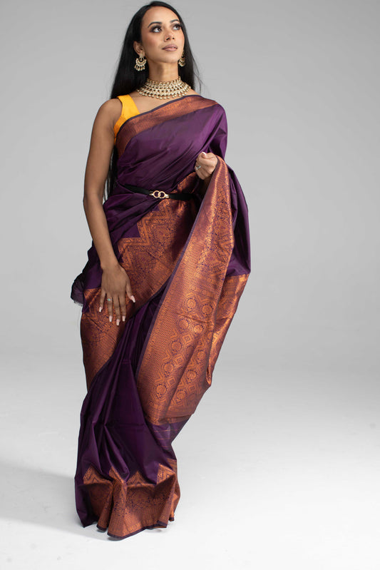 Purple saree with copper Jari