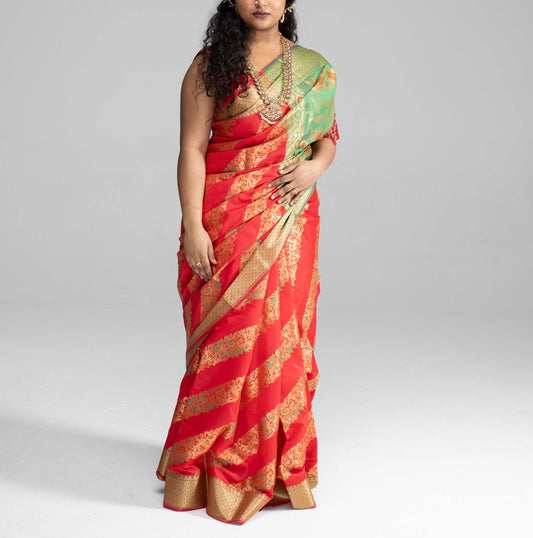 Red silk saree with diagonal gold Zari work