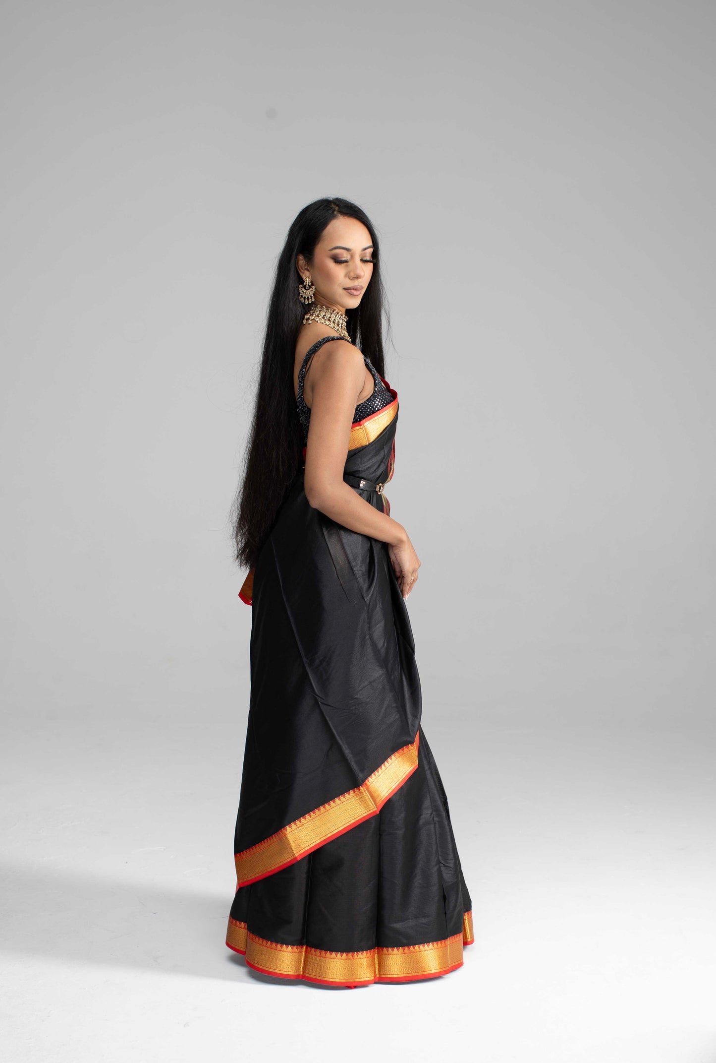 Jet Black Cotton Saree with Red and Gold Zari