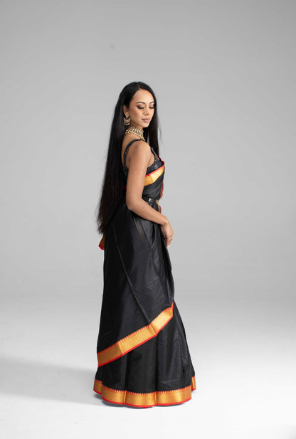 Jet Black Cotton Saree with Red and Gold Zari