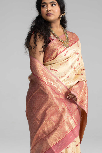 Cream Silk Saree with Large Traditional Zari Border