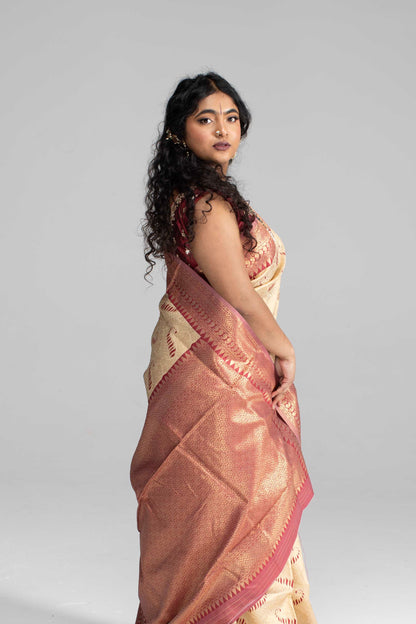 Cream Silk Saree with Large Traditional Zari Border