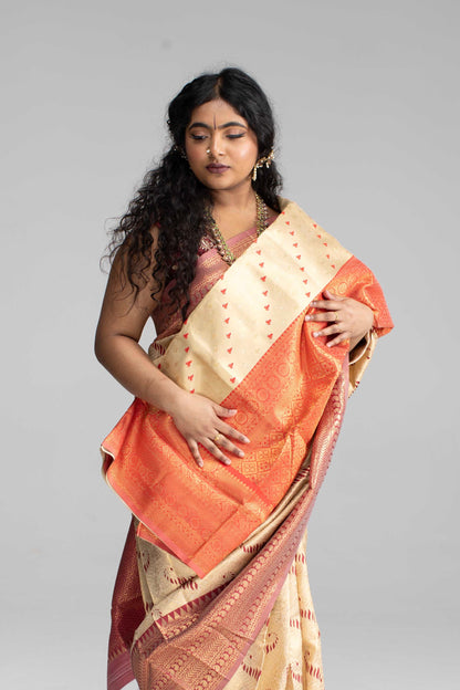 Cream Silk Saree with Large Traditional Zari Border