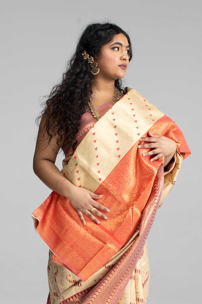 Cream Silk Saree with Large Traditional Zari Border