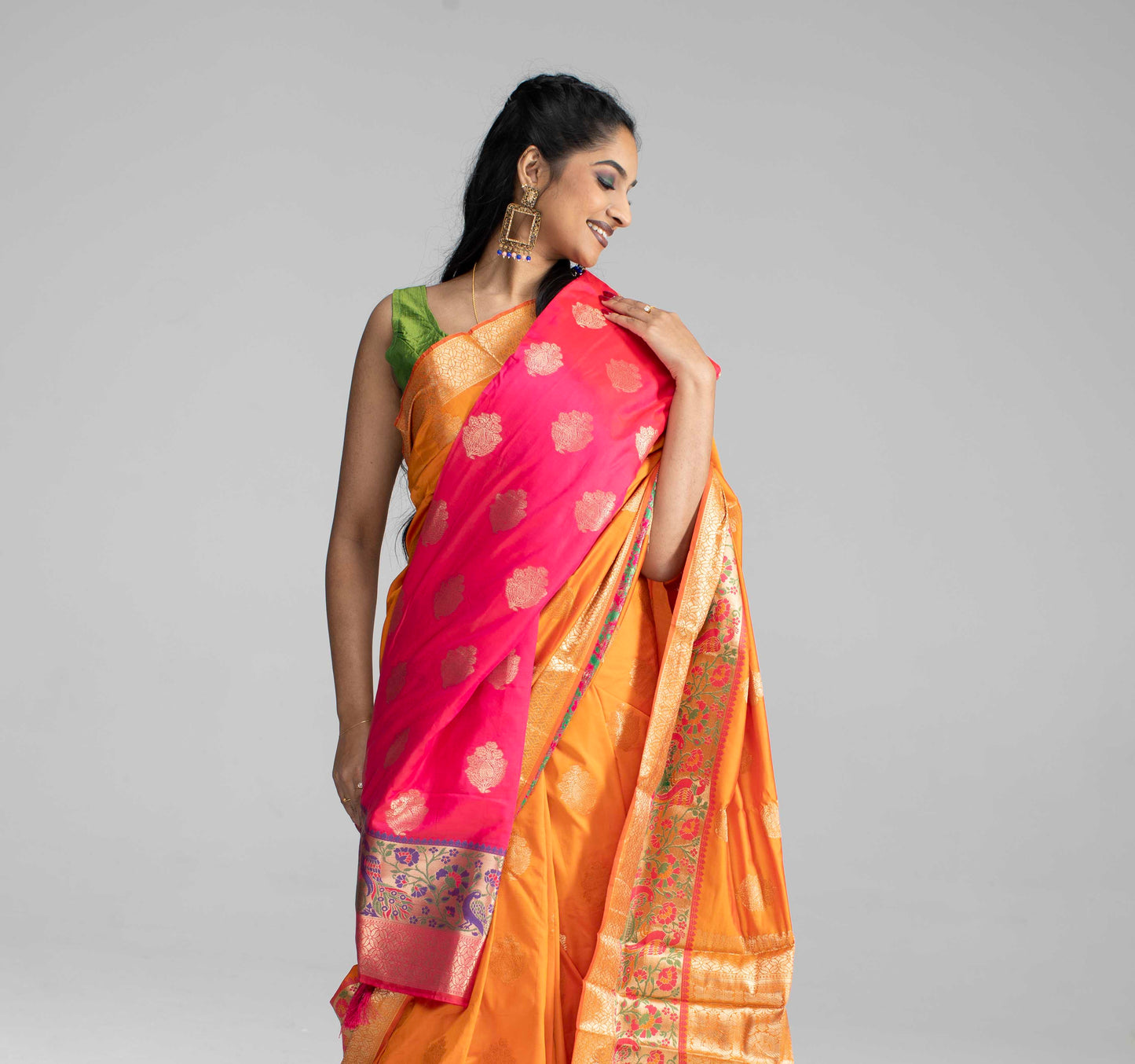 Vibrant orange silk saree with double border