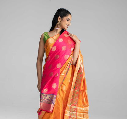 Vibrant orange silk saree with double border