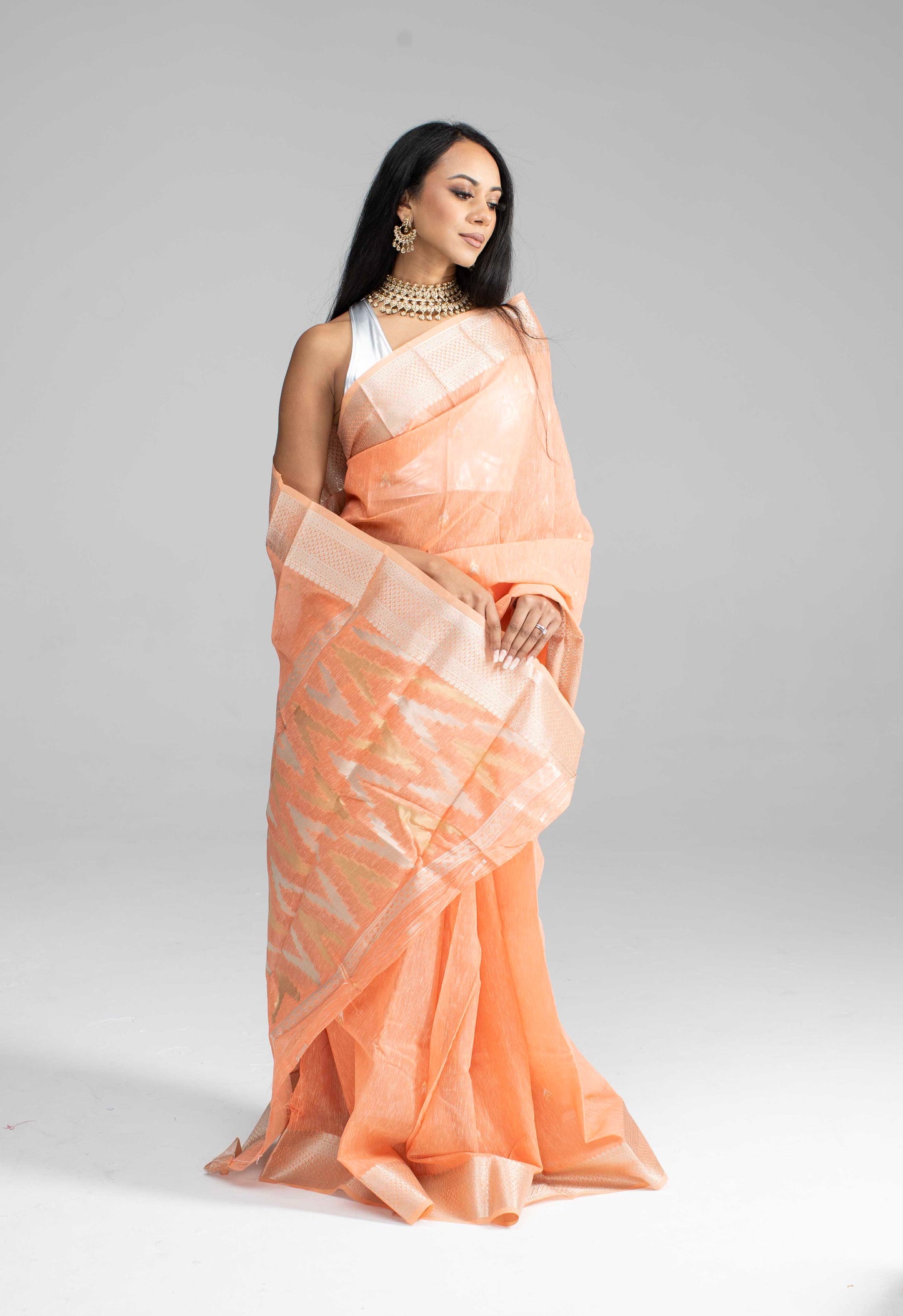 Peach Cotton Saree with Light Silver Border & Pallu