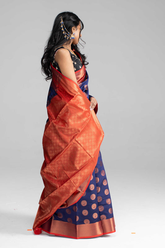 Navy Blue Saree with Red Border & Gold Butta Work