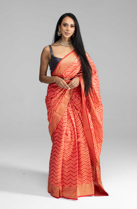 Golden Geometric Wave Patterned Saree