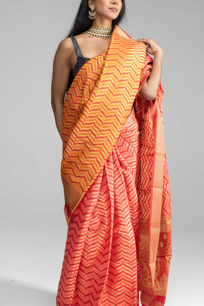 Golden Geometric Wave Patterned Saree