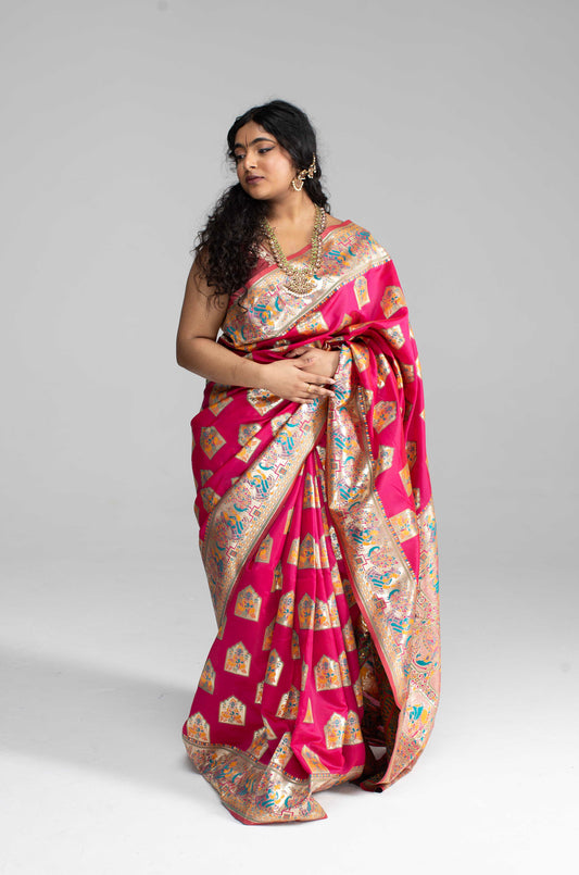 Paithani-Style Magentha Banaris Saree with Godess motifs