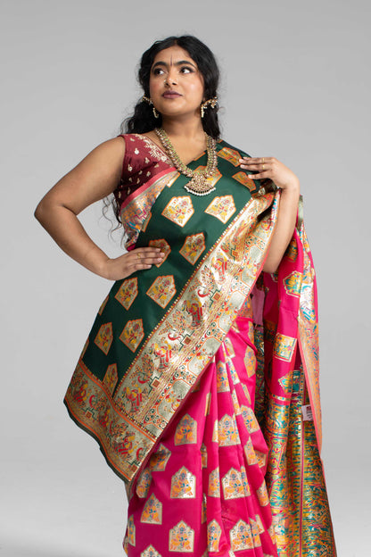 Paithani-Style Magentha Banaris Saree with Godess motifs