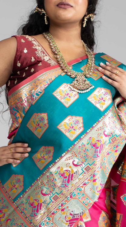 Paithani-Style Magentha Banaris Saree with Godess motifs