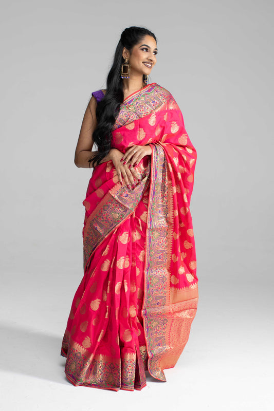Royal Pink Silk Saree with Rich Floral Zari
