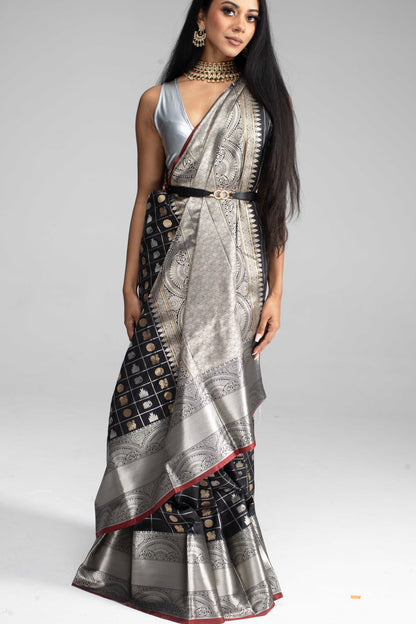 Black Chequered Saree with Silver Border & Maroon Trim