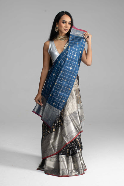 Black Chequered Saree with Silver Border & Maroon Trim