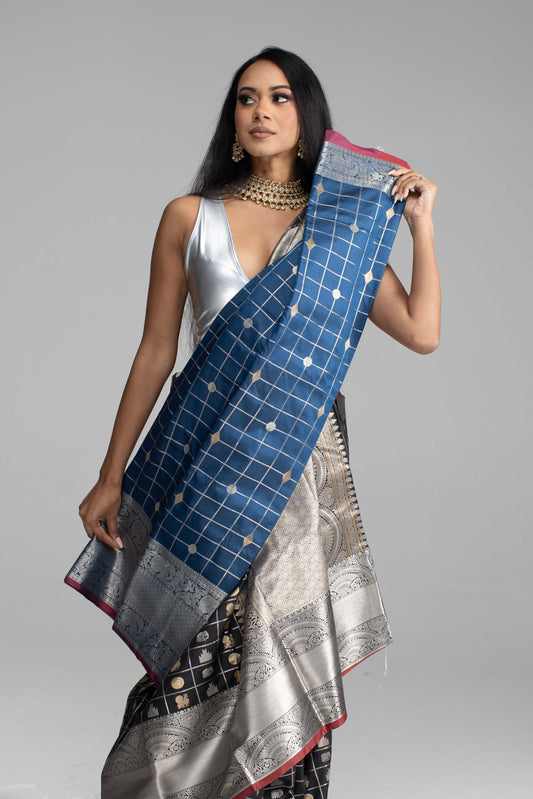 Black Chequered Saree with Silver Border & Maroon Trim