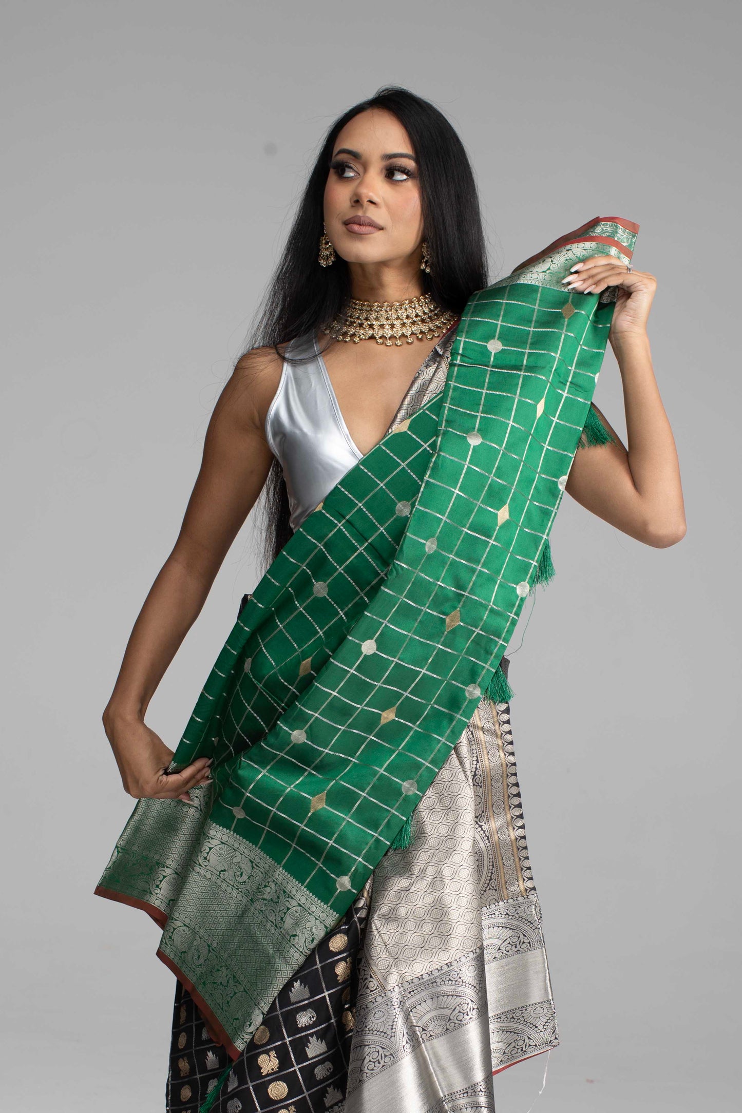 Black Chequered Saree with Silver Border & Maroon Trim