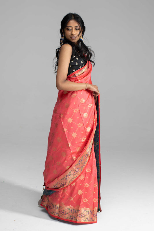 Peach Silk Saree with Floral Zari Work - ON SALE