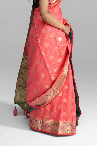 Peach Silk Saree with Floral Zari Work - ON SALE