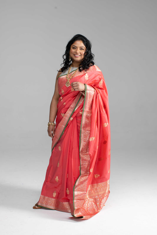 Peach Saree with Silver Border & Green Trim
