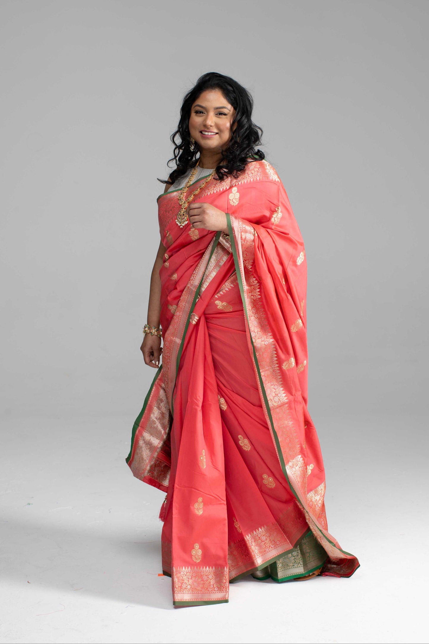 Peach Saree with Silver Border & Green Trim