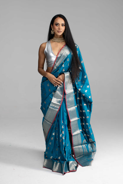 Teal Blue Saree with Silver Zari with Maroon Trim