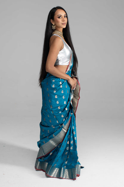 Teal Blue Saree with Silver Zari with Maroon Trim