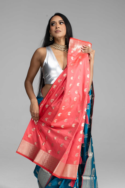 Teal Blue Saree with Silver Zari with Maroon Trim