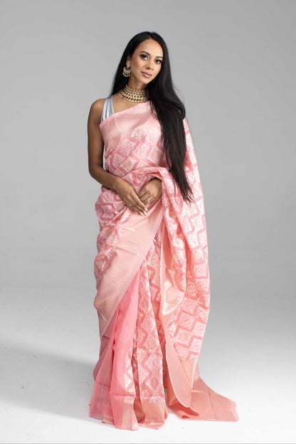 Peach Cotton Saree with Silver Work